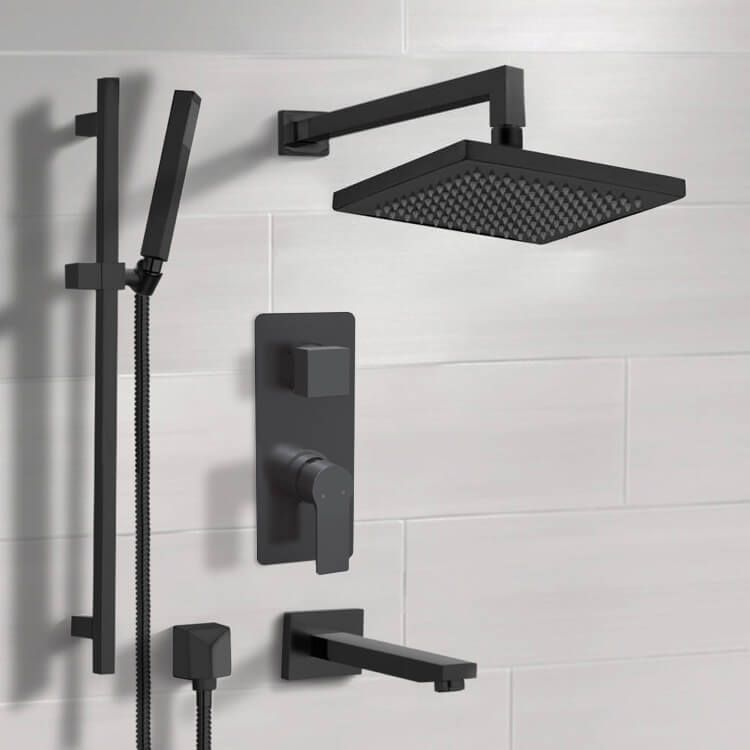 Remer TSR75 Matte Black Tub and Shower Set With 8 Inch Rain Shower Head and Hand Shower